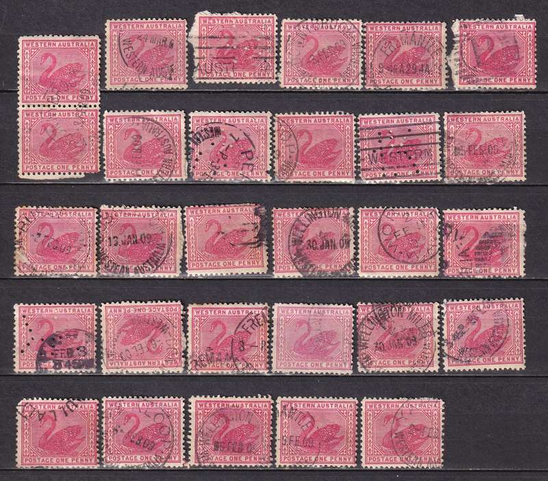 Western Australia 1902-12 1d carmine postmark lot, used         (2 x SCANS)