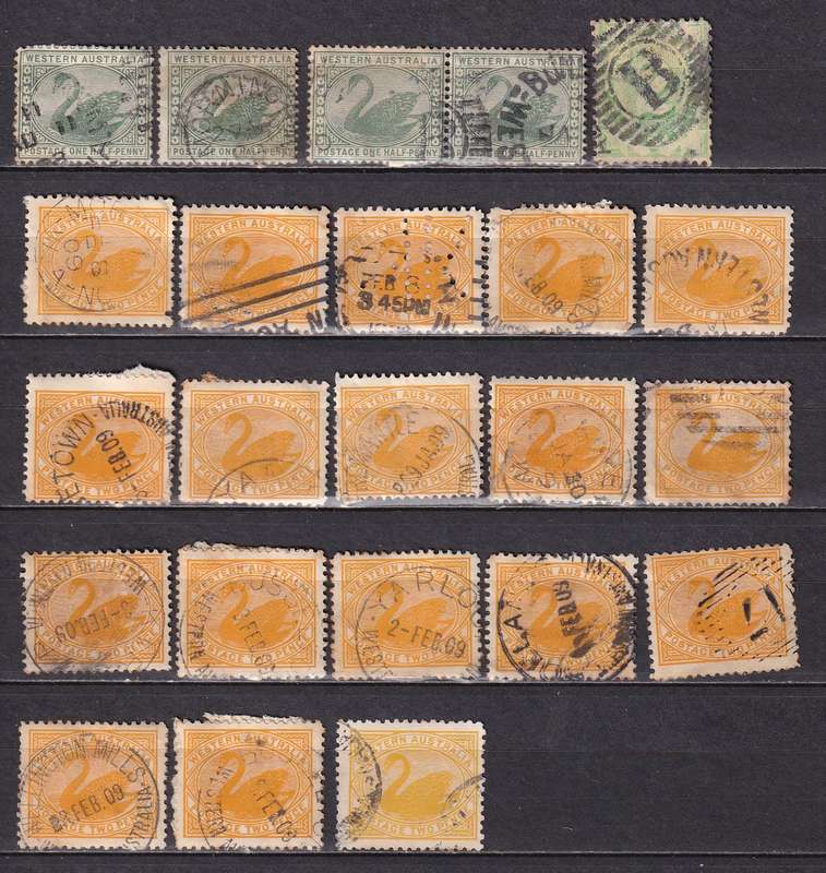 Western Australia 1902-12 2d yellow postmark lot, used