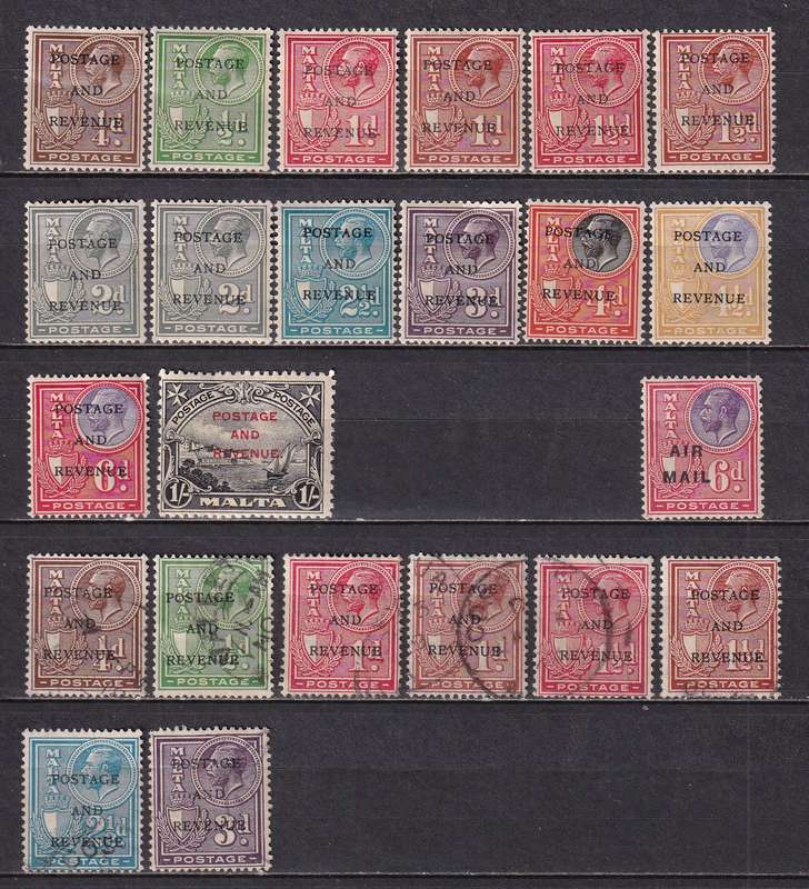 Malta 1928 Postage and Revenue overprinted part set, M/H & used         (SG 173-186, CV £40)