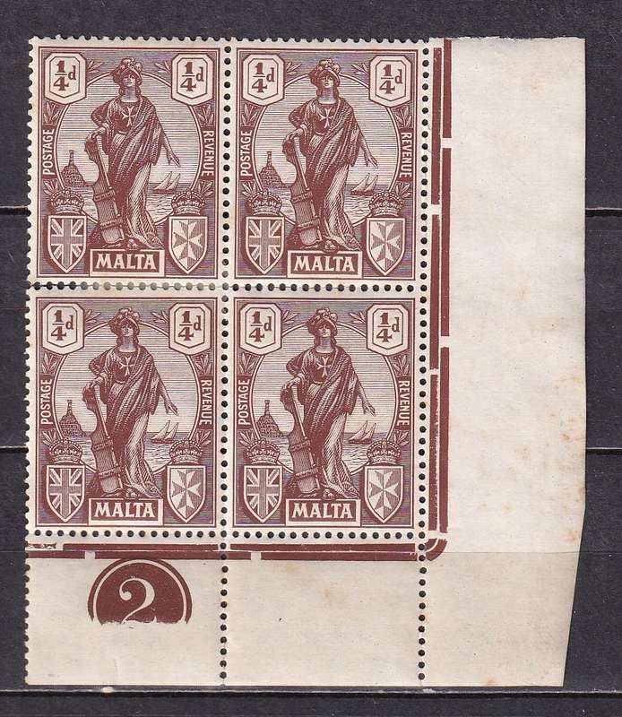 Malta 1922-26 1/2d brown B4 , plate 2, M/H          (toning, split perf, SG 123, CV £10)