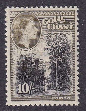 Gold Coast 1952-54 QE 10s black and olive green, MLH        (SG 164, CV £26)