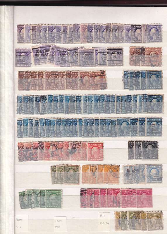 Ideal brown 17 page album filled with assortment of USA stamps , M/H & used        (14 SCANS)
