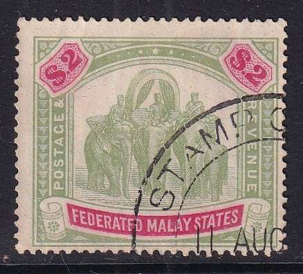 Malaysia Federated states 1904-22 $2 green & carmine , used                (no gum, SG 49, CV £130)