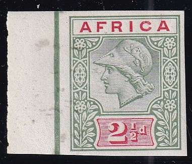 South Africa Pre-union 1895 `AFRICA` 2 1/d green and carmine imperf colour trial by De La Rue. MNH.