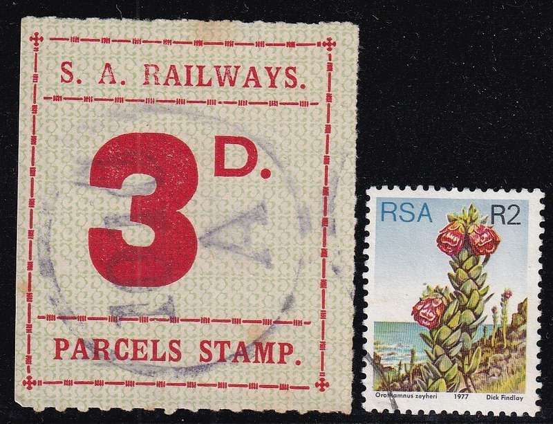 South Australia 1927 3d Railways Parcels stamp (rouletted) on unwatermarked paper, used (50mm x 45mm