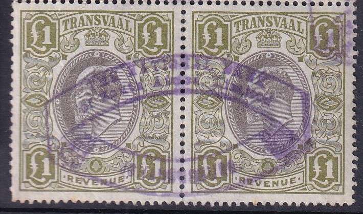Transvaal £1 KE revenue pair with scarce National bank Johannesburg cancel