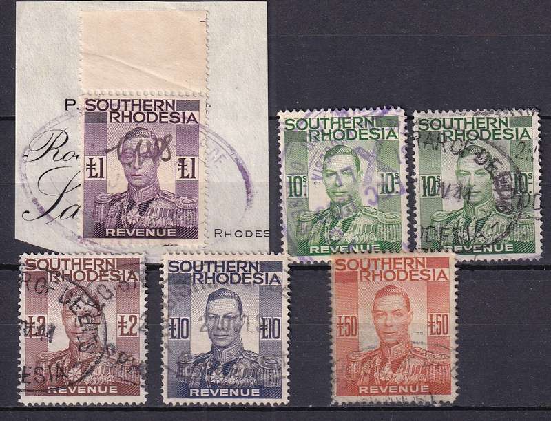 Southern Rhodesia 1937 KG VI part REVENUE set to £50, used     (BF 18,20-22,24,26, CV £90)