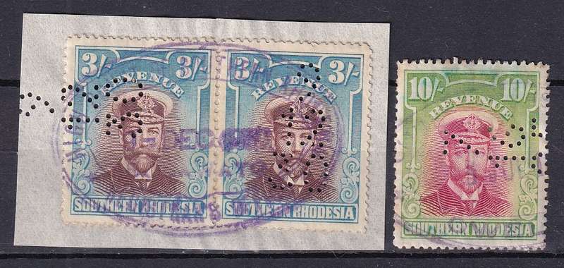 Southern Rhodesia 1924 KG V 3s & 10s perfin revenue pair  used on piece             (BF 1,3, CV £60)