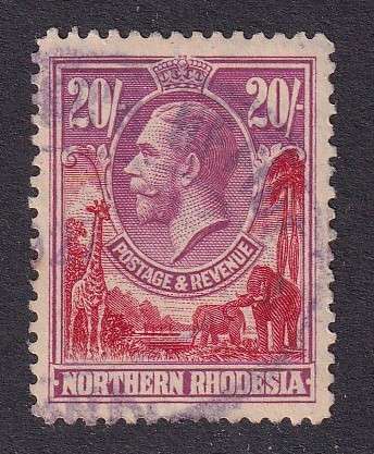 Northern Rhodesia 1925 KG V 20s carmine rose purple , used        (SACC 17 CV R3750)