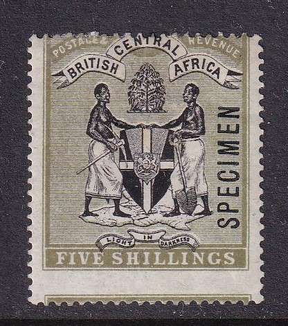 British Central Africa (B.CA.) 1895 5s SPECIMEN (No W/M) , M/H       (SG 28, CV £300 (R7000)