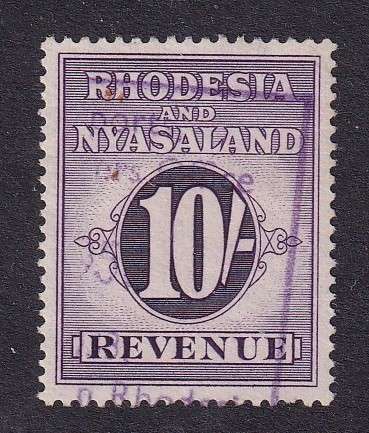 Rhodesia and Nyasaland 1956 10s revenue , used      ( BF 6,CV £25 (R580)