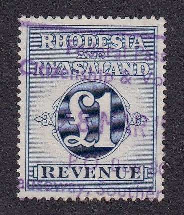 Rhodesia and Nyasaland 1956 £1 revenue , used      ( BF7,CV £25 (R580)