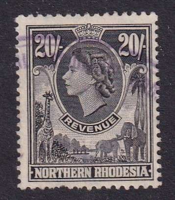 Northern Rhodesia 1955 QE 20s revenue, used      ( BF 24,  CV £30 (R700)