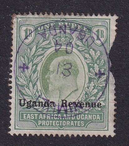 Uganda (East Africa and Uganda Protectorate) 1905-07 KE 1R revenue , used        (Tear, BF 21)