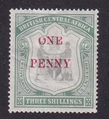 British Central Africa 1897 1d on 3s , M/H               (crease, SG 53,CV £10 (R230)