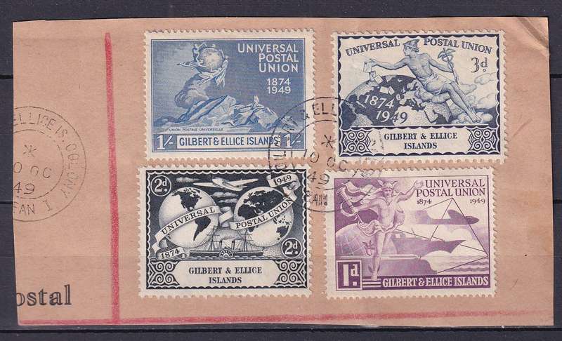 Gilbert and Ellice Islands 1949 UPU set used on piece        SG 59-62, CV £12)
