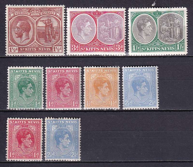 St Kitts-Nevis 1921 & 1938 KG V & KV I part sets, MLH