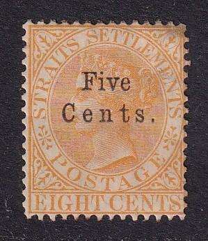 Straits Settlements 1879 QV 5c on 8c orange (CC), M/H      (SCARCE SG 20, CV £140)