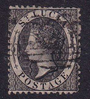 St Lucia 1864-76 1d black (Perf 14) (CC W/M reversed), used     ( SG 15x , CV £22))