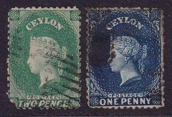 Ceylon 1863-66 QV 1d blue & 2 d green (CC), used                 (SG 49-50, CV £26)