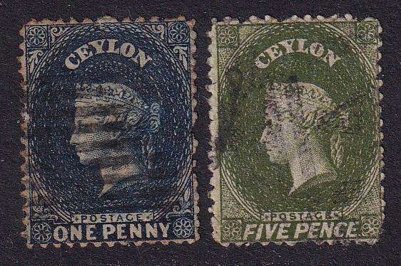 Ceylon 1867-70 QV 1d blue & 5d olive (CC), used                 (SG 63-66, CV £40)