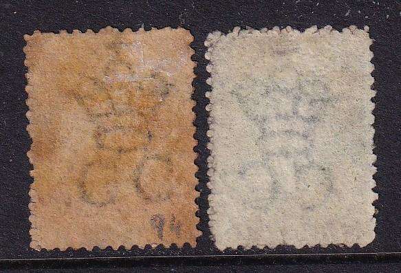 Ceylon 1867-70 QV 1d blue & 5d olive (CC), used                 (SG 63-66, CV £40)