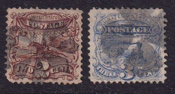 USA 1869 2c Post Rider & 3c Locomotive ,used             ( SG 114,115)