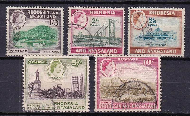 Rhodesia and Nyasaland 1959 QE part set , used      ( SACC 27-31,CV R500)
