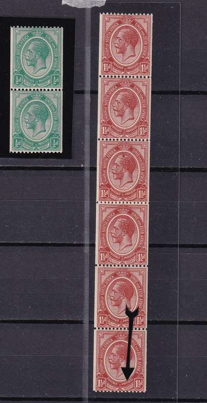 Union of South Africa 1913 1 1/2d Kings head COIL STAMPS strip with (PAPER JOINT & MISFORMED Z, MNH