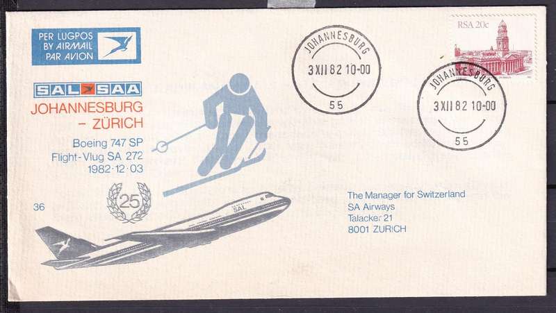 South Africa 1982 SAA Flight covers no 35,36,37, used