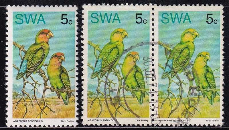 SWA 1974 Rare birds 5c with interesting color change MISSING RED & OVER-INKING with green, used pair