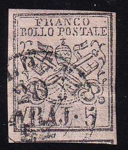 Italy 1852 Papal State 5 BAJ Franco Bollo Postale Stamp, used