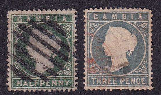 Gambia 1886-93 QV 1/2d & 3d , used             (both with thins, SG 22 & 28, CV £16)