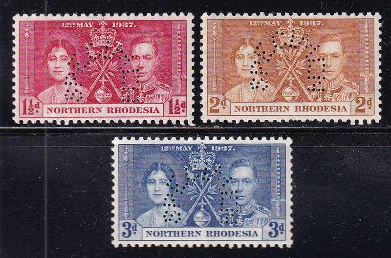 Northern Rhodesia 1937 KG VI Coronation set perforated SPECIMEN, MNH        (SACC 22-24, CV R4200)