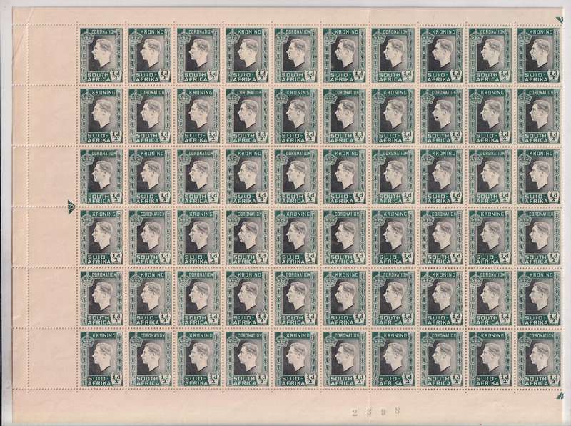 South Africa 1937 KG VI Coronation issue 1/2d complete sheet , MNH
