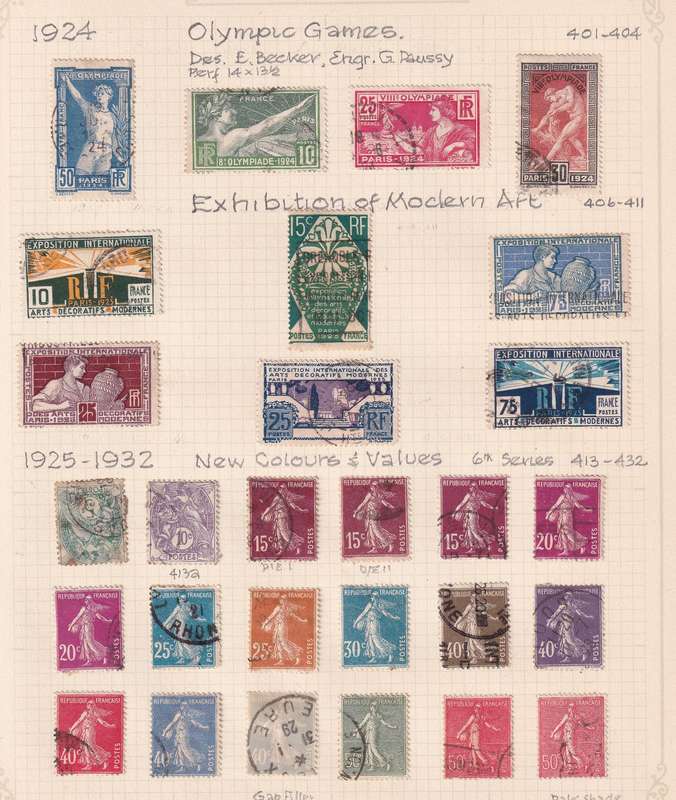 France sets and part sets , M/H & used             (15 X SCANS, some stamps adherence on pages))