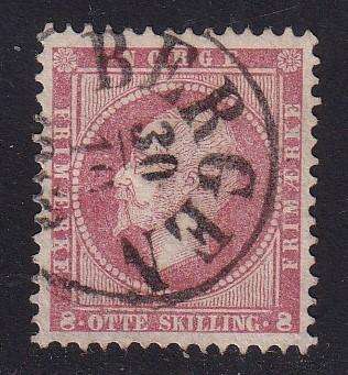 Norway 1856 King Oscar I 8s lake , used                   (SG 11, CV £27)