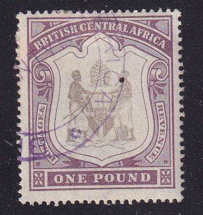 Nyasaland British Central Africa 1897-1900 £1 black & dull purple , used    (SG 51, CV £250)