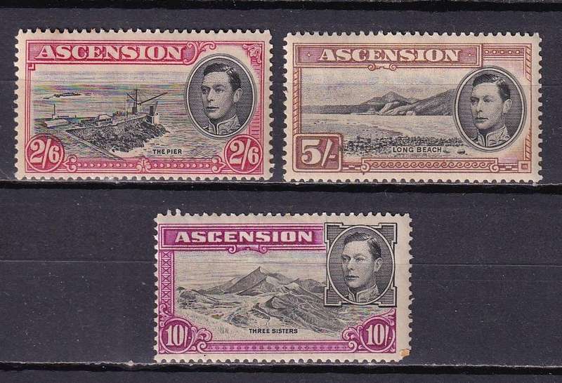 Ascension 1938 KG VI 2/6, 5s,10s (Perf 13) , M/H             (gum toning , SG 45c,46a,47a, CV £115)