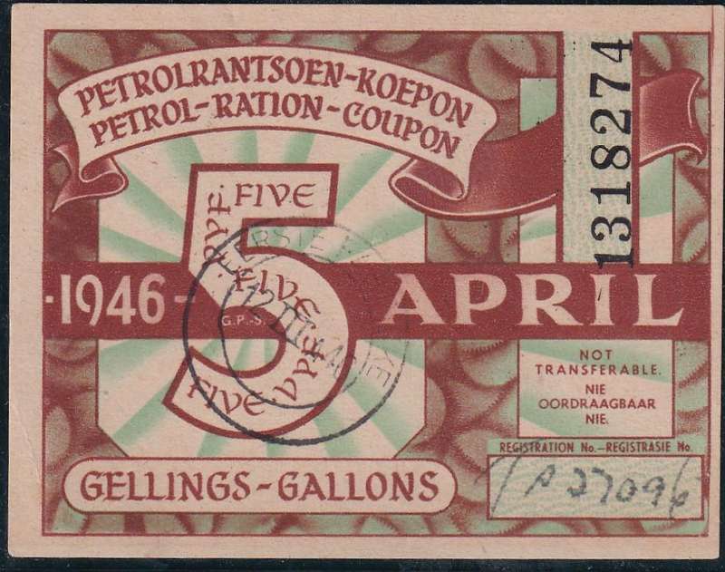 South Africa 1946 5 Gallons pertol Coupon cancel EERSTEFABRIEK, used