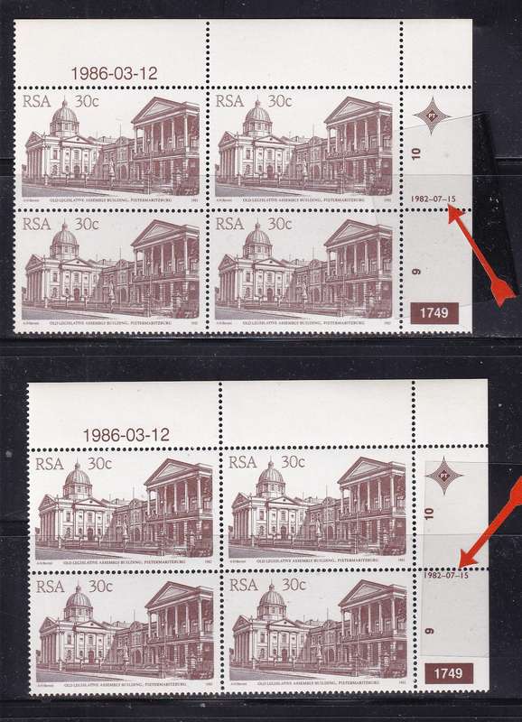 South Africa 1982 30c buildings control B4 with variety DATE NOT IN PT 10 MARGIN , MNH