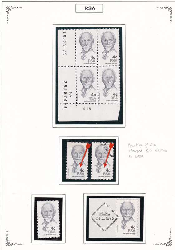 South Africa 1975 4c Jan Smuts with variety LARGE POSITION SHIFT OF THE 4c, MNH
