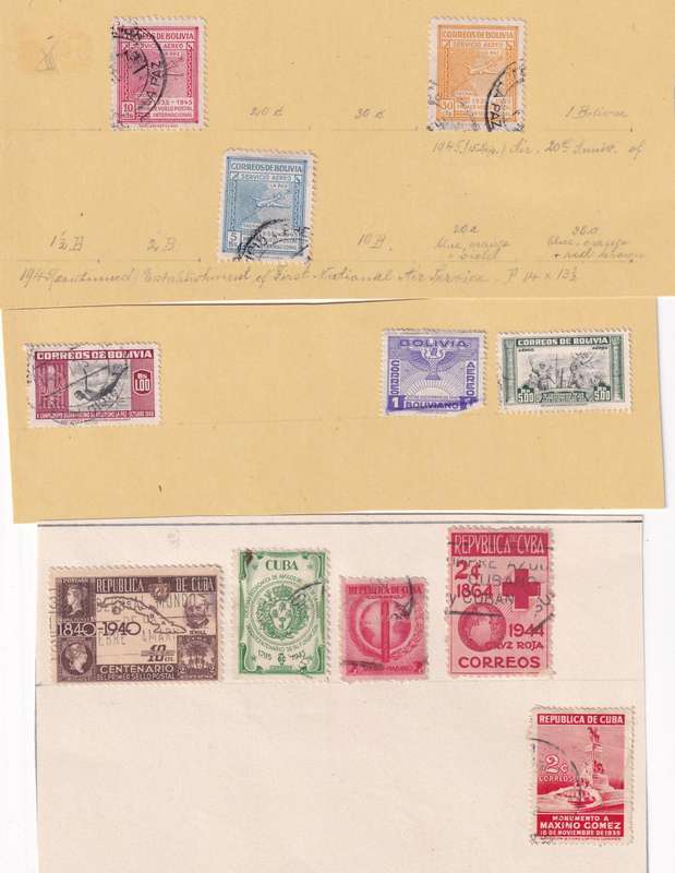 South America (Bolivia, Cuba, Dominica, Colombia,Peru) lot used on 11 scans (stamp adherence
