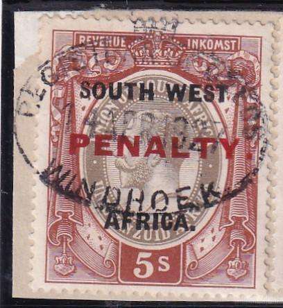 SWA 1927 KG V 5s PENALTY revenue stamps on piece (scarce) , used       ( BF 3, CV £35)