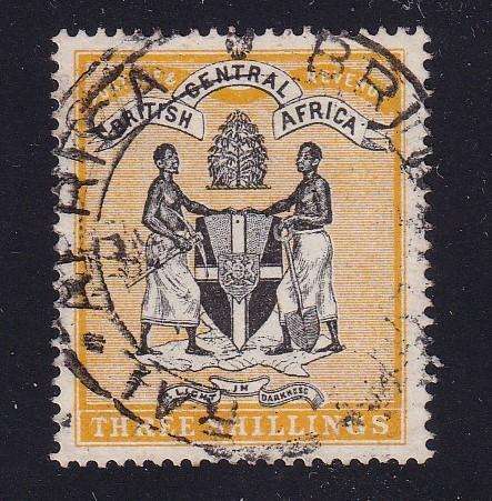 Nyasaland British Central Africa 1895 3s yellow & black (No W/M) , used     (SG 27,CV £65)