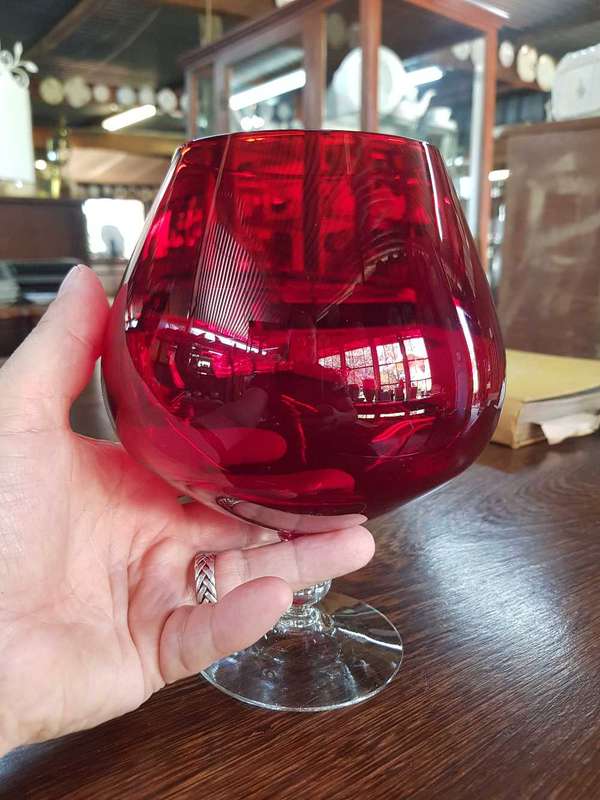 Vintage Table Large Hand Blown Ruby Red Goblet.