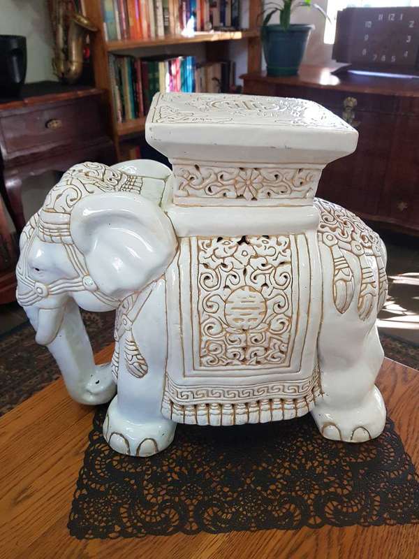 White Mid century Ceramic Elephant Side Table, or Planter.