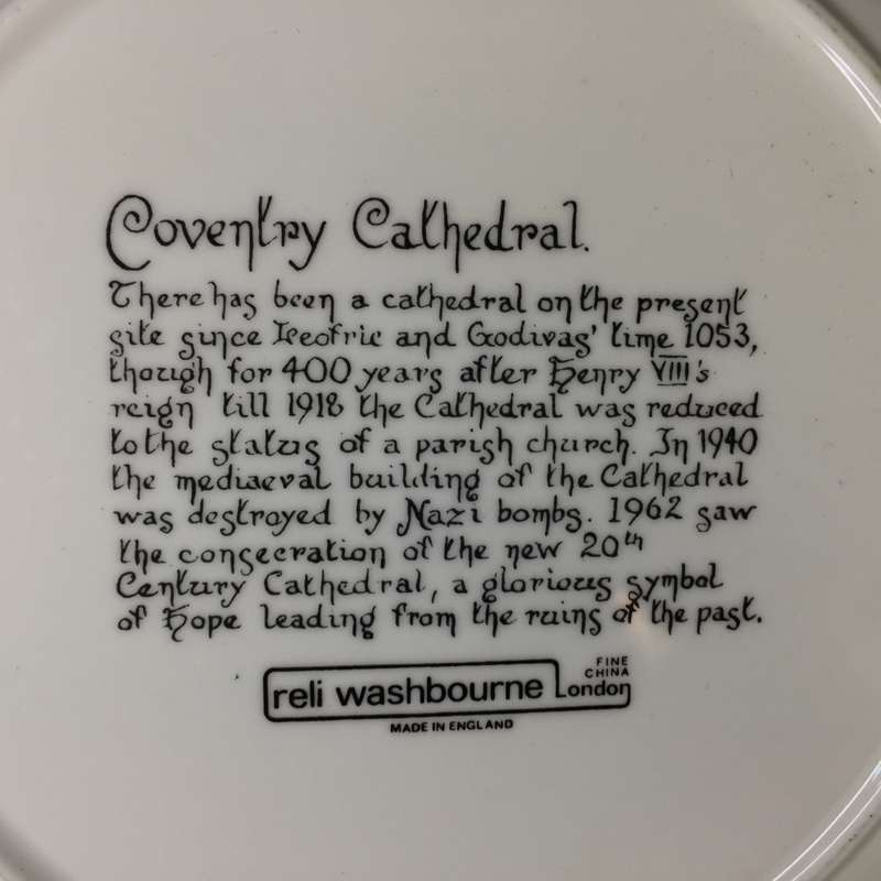 RELI WASHBOURN LONDON , FINE CHINA  CABINET / DISPLAY PLATE ' COVENTRY CATHEDRAL '
