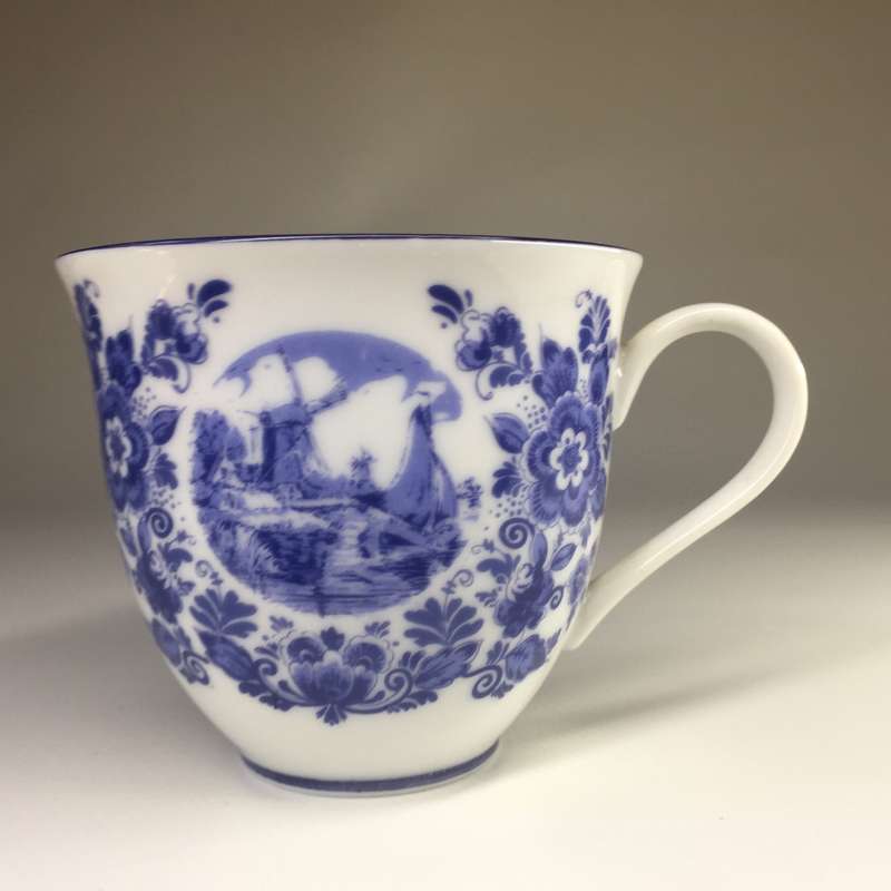 DELFTS OUDE MOLEN FABRIEK PORCELAIN COFFEE DUO     WINDMILL AND YACHTS ON CANAL PANORAMIC SCENE