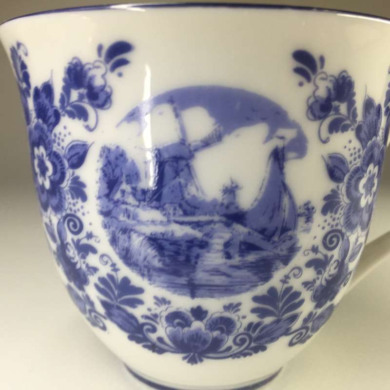 DELFTS OUDE MOLEN FABRIEK PORCELAIN COFFEE DUO     WINDMILL AND YACHTS ON CANAL PANORAMIC SCENE